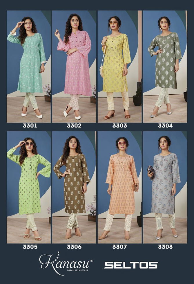 Kanasu Seltos fancy Designer Heavy Latest Ethnic Wear Rayon Slub Flex print Pent Kurtis With Bottom Collection
